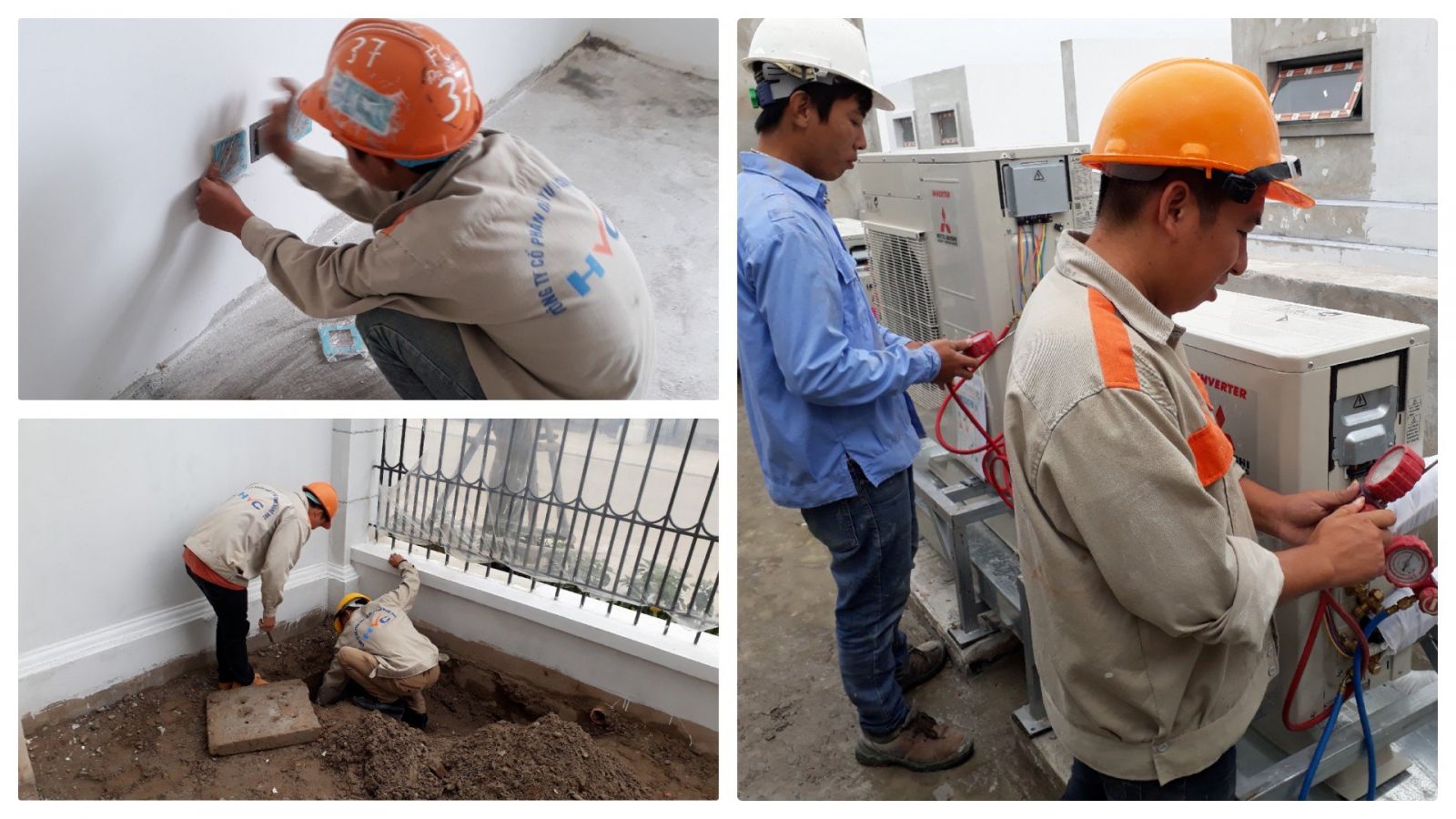 Công nhân đang lắp điện nước và điều hòa